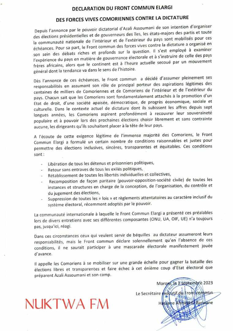 Élections 2024 : Le Front commun boycotte